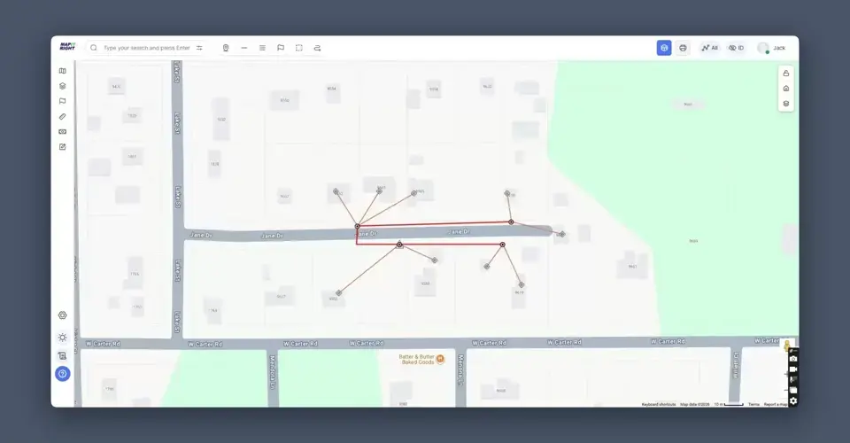 MapItRight fiber feasibility demo — planning plant on Google Maps