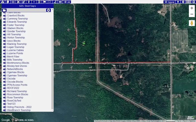 GIS overlay feature for viewing and editing fiber plant data with JSON-formatted geospatial information